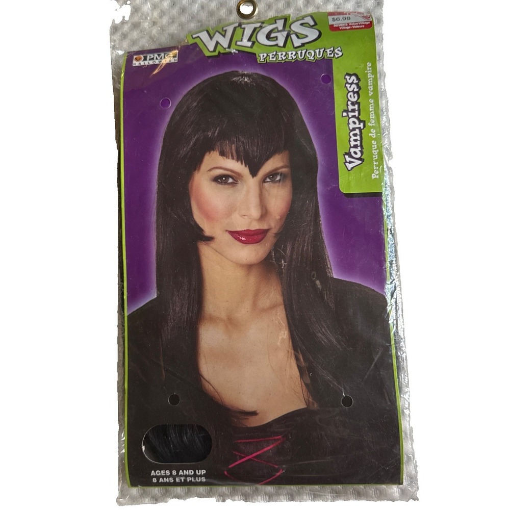 New 2002 Wig "Vampiress" Adult Long Black Hair V-shaped Pointed Bangs One Size